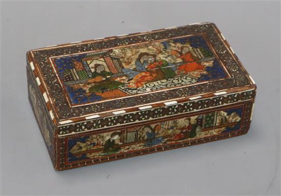 A Persian painted and inlaid wood box length 17cm